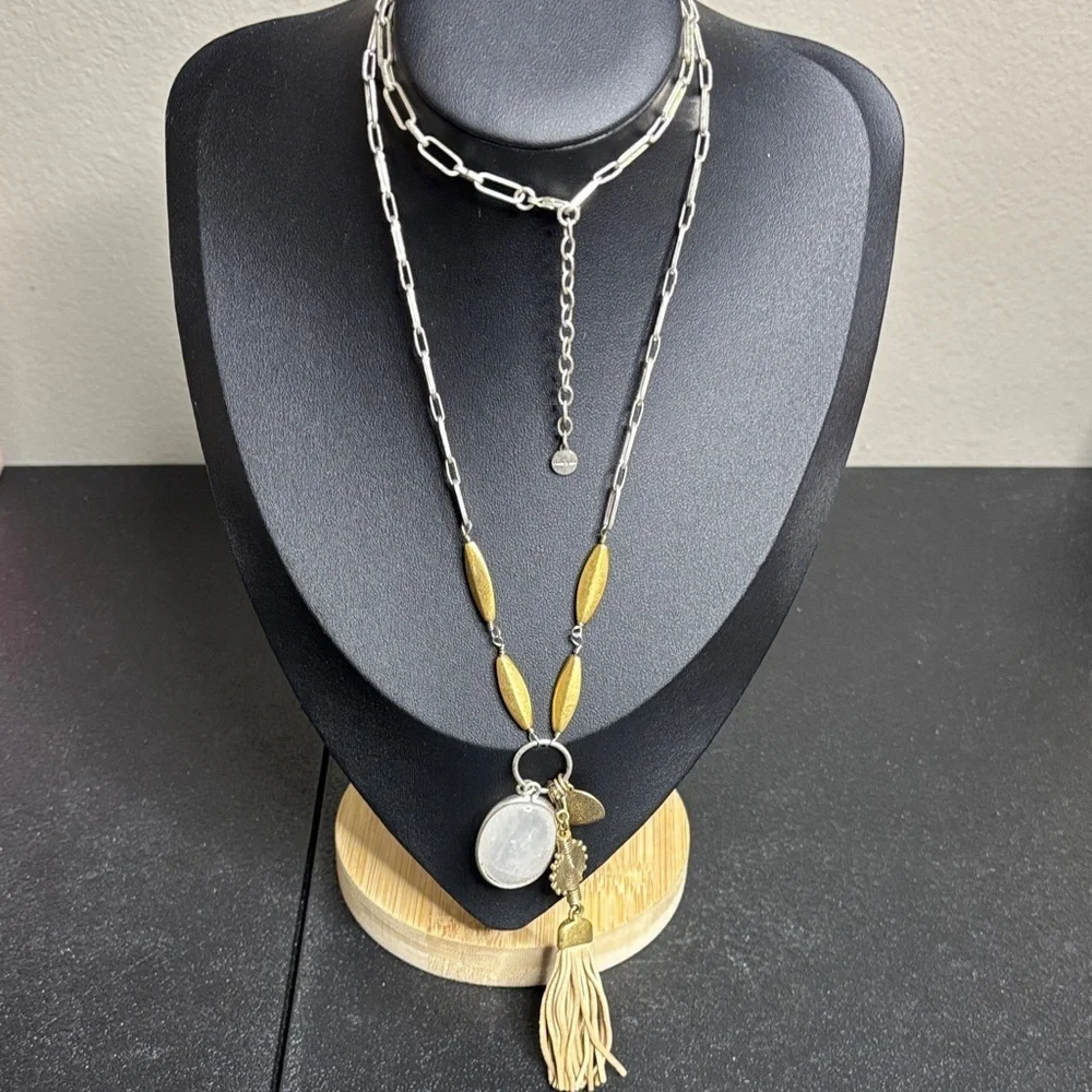 Stella & Dot Milky Stone Tassel Charm Long Necklace